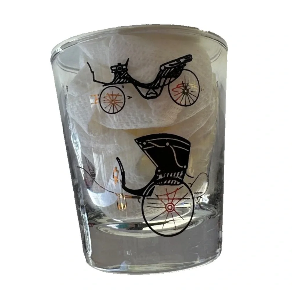 VTG MCM Libbey Bar Glasses Antique Cars Black & Gold Barware Low‎ Ball Set Of 4
